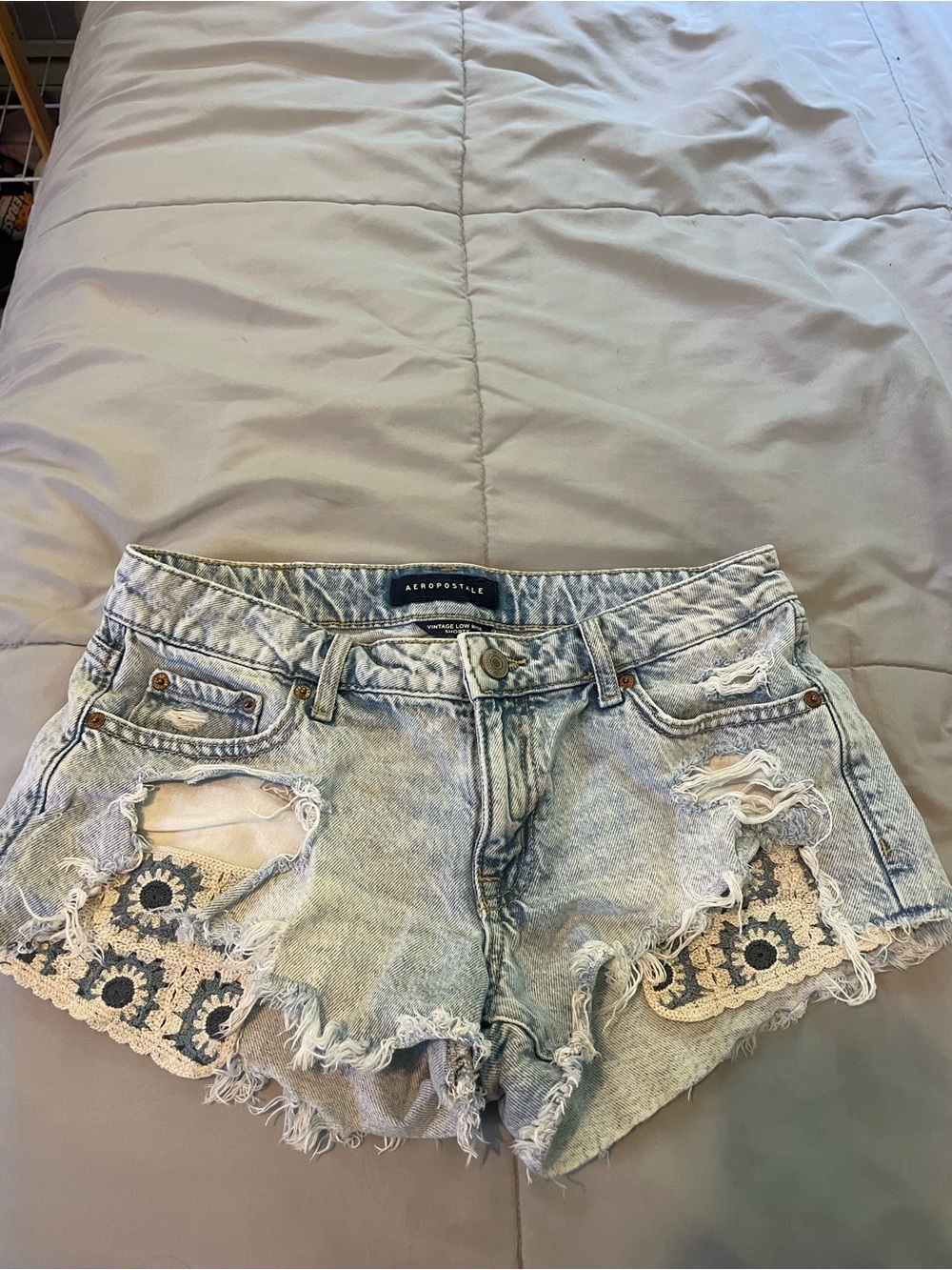 Aeropostale Light Blue Distressed Denim Shorts with Crochet Insets